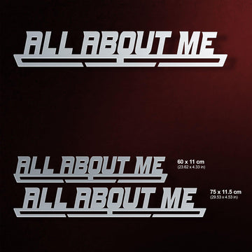 All About Me Medal Hanger Display shown in two sizes, 60x11 cm and 75x11.5 cm, made of brushed stainless steel for durable medal organization.