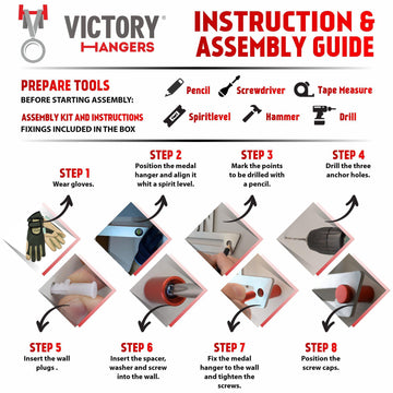 Victory Hangers instruction and assembly guide with step-by-step visuals for easy installation of the Be Stronger Than Your Excuse display.