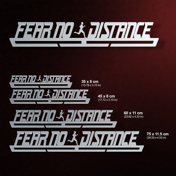 Fear No Distance Medal Hanger Display MALE shown in four size options from 35 cm to 75 cm, each capable of holding various medal quantities.