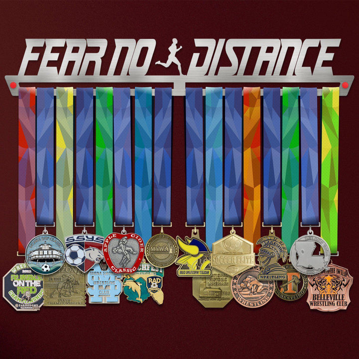 Fear No Distance Medal Hanger Display MALE with 12 colorful medals hanging on stainless steel rack, ideal for organizing athletic achievements.