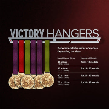 Victory Hangers size guide for BJJ Brazilian Jiu Jitsu Medal Hanger Display V1, showing medal capacity by hanger length.