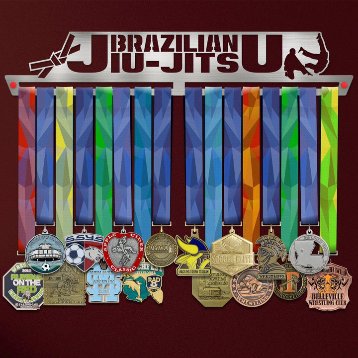 BJJ Brazilian Jiu Jitsu Medal Hanger Display V1 showcasing colorful martial arts medals on a stainless steel rack with cutout design.