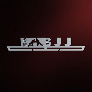 Stainless steel BJJ Brazilian Jiu Jitsu Medal Hanger Display V2 with martial arts silhouette and bold BJJ letters, ideal for medal organization.