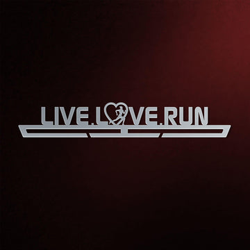 Live Love Run Medal Hanger Display FEMALE in brushed stainless steel with a female runner silhouette, perfect for showcasing medals.