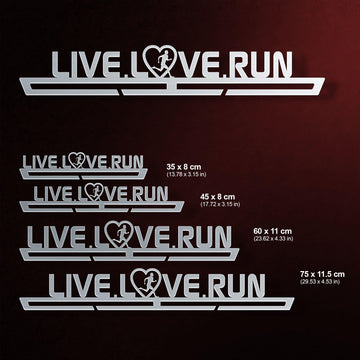 Live Love Run Medal Hanger Display MALE shown in four sizes with dimensions, offering options for different medal collections.