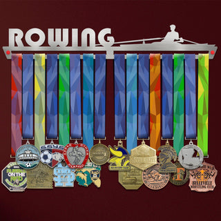 Rowing Medal Hanger Display V1 showcasing colorful ribbons and various medals on a stainless steel rack with a rowing silhouette design.