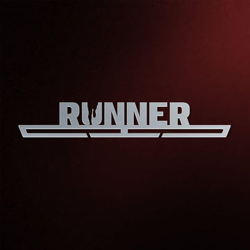 Stainless steel Runner Medal Hanger Display with sleek 'RUNNER' text and silhouette design, perfect for organizing running medals.