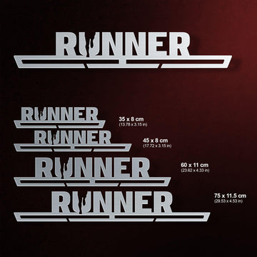 Runner Medal Hanger Display shown in four size options with dimensions, offering versatile medal storage for runners of all levels.