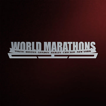 World Marathons Majors Medal Hanger Display Rack V2 made of stainless steel, featuring engraved names of six major marathons on a red background.